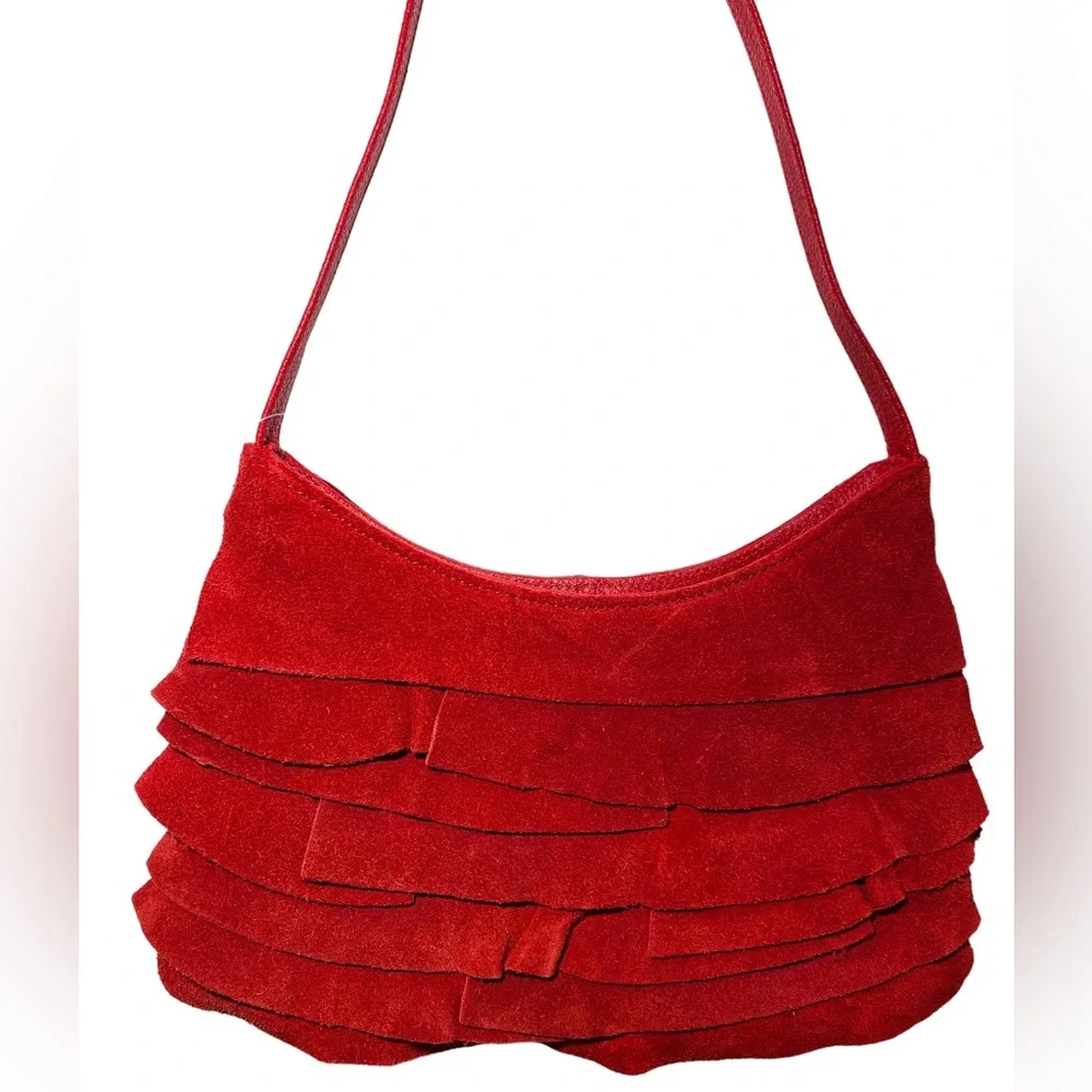 NWT Coldwater Creek RED Y2K‎ Suede Purse with Ruffles Shoulder Bag